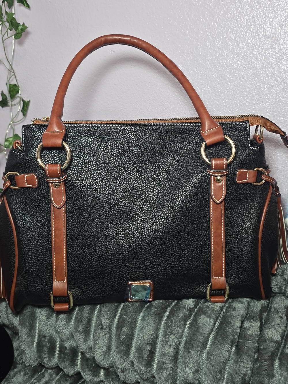 Classic Black Pebbled Satchel with Tan Trim